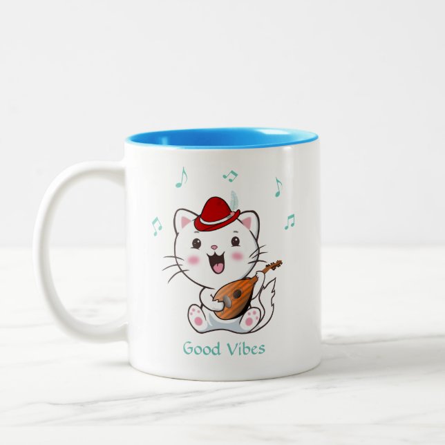 Caneca De Café Em Dois Tons Cantando Gatinho Bard com Mandolin (Esquerda)