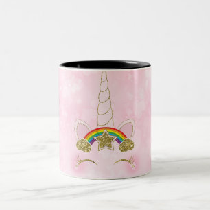 Caneca De Café Em Dois Tons Canto de Unicórnio Corações Rosas Arco-íris Dourad