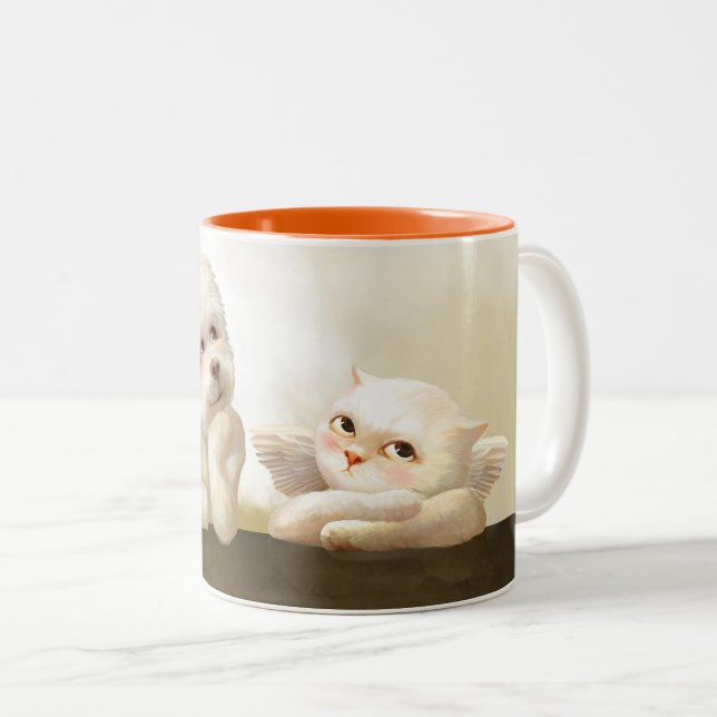 Caneca De Café Em Dois Tons Cão Angélico e Gato na Nuvem (Frente Esquerda)