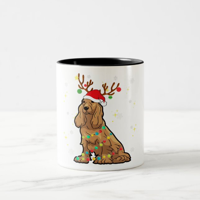 Caneca De Café Em Dois Tons Cão de Natal Engraçado Cocker Spaniel Reindeer (Centro)