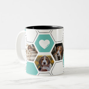 Caneca De Café Em Dois Tons Cão-Foto do Coração Teal Geométrico Moderno