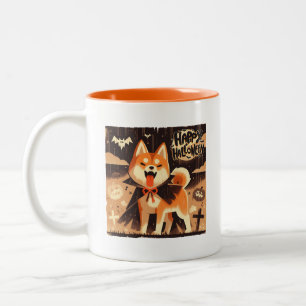Caneca De Café Em Dois Tons Cão Shiba Inu vestido de vampiro para o Halloween