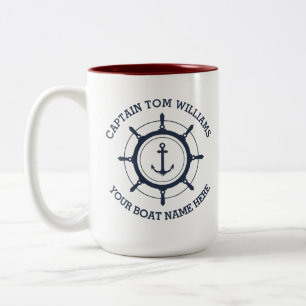 Caneca De Café Em Dois Tons Capitão personalizado e âncora do nome do barco