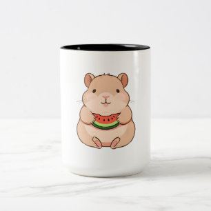 Caneca De Café Em Dois Tons Capivara Chibi Kawaii Comendo Fatia de Melancia