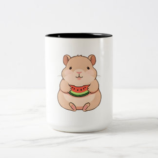 Caneca De Café Em Dois Tons Capivara Chibi Kawaii Comendo Fatia de Melancia