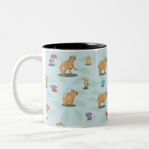 Caneca De Café Em Dois Tons Capybara e padrão de cogumelos