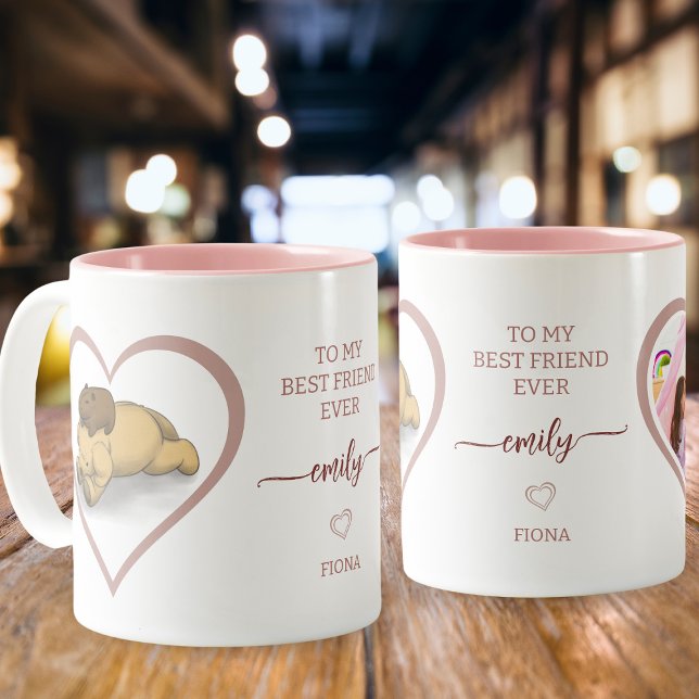 Caneca De Café Em Dois Tons Capybara e Puppy Pink Love Foto (Cherish your best friend with this heartwarming capybara and puppy coffee mug.)