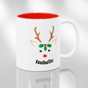 Caneca De Café Em Dois Tons Cara de Renas Fofa   Natal Personalizado