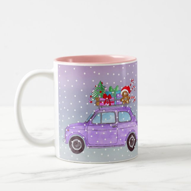 Caneca De Café Em Dois Tons Carro roxo com presentes de Natal (Esquerda)