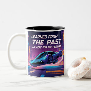 Caneca De Café Em Dois Tons Carro Voador Futurista com Citação Inspiradora 