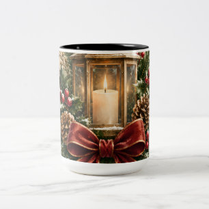 Caneca De Café Em Dois Tons Cartão de Natal Pastel, Vela Aconchegante, Fita