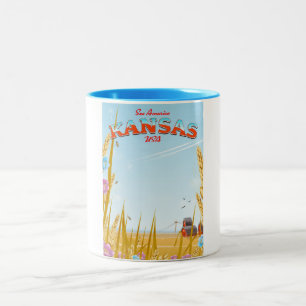 Caneca De Café Em Dois Tons Cartaz de viagem retrô de fazenda Kansas EUA