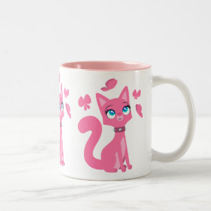 Caneca De Café Em Dois Tons Cartografia rosa-branca Gato e Borboletas
