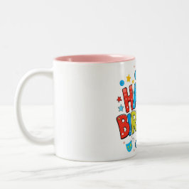 Caneca De Café Em Dois Tons "Cartoon Colorida Feliz Aniversário com Nuvens e S