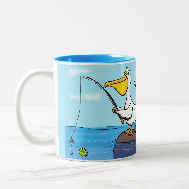 Caneca De Café Em Dois Tons Cartoon pelicano de pesca engraçado (Esquerda)
