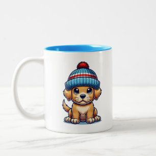 Caneca De Café Em Dois Tons Cartoon Puppy Vestindo Beanie Hat
