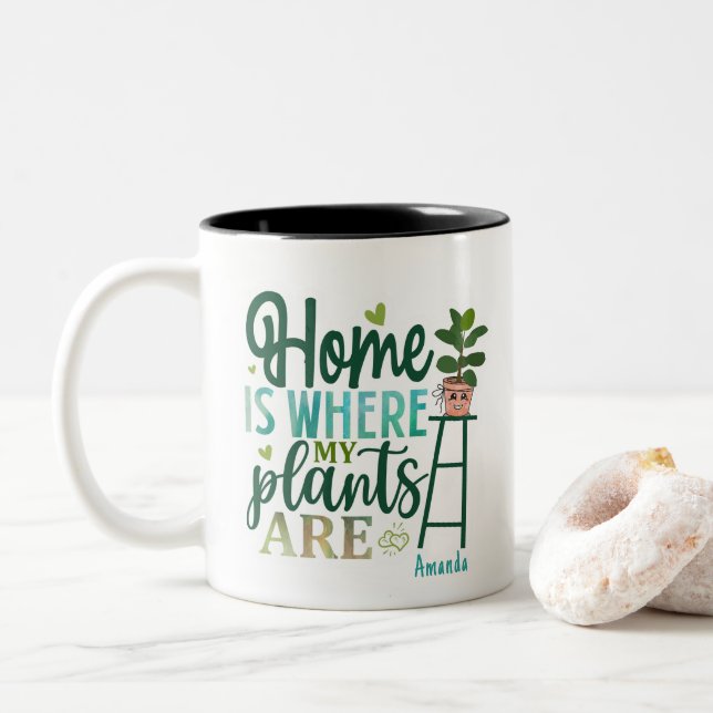 Caneca De Café Em Dois Tons Casa É Onde Minhas Plantas Estão PERSONALIZADAS (Com Donut)