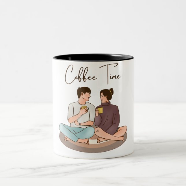 Caneca De Café Em Dois Tons Casal de Ilustração Castanha (Centro)