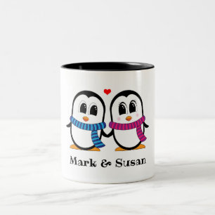 Caneca De Café Em Dois Tons Casal Pinguins Cuja Caneta