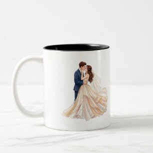 Caneca De Café Em Dois Tons Casal Romântico de Noivos no Primeiro Beijo