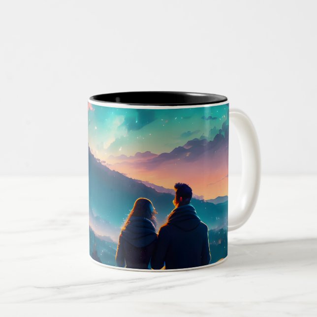Caneca De Café Em Dois Tons Casal Sentado No Telhado (Frente Esquerda)