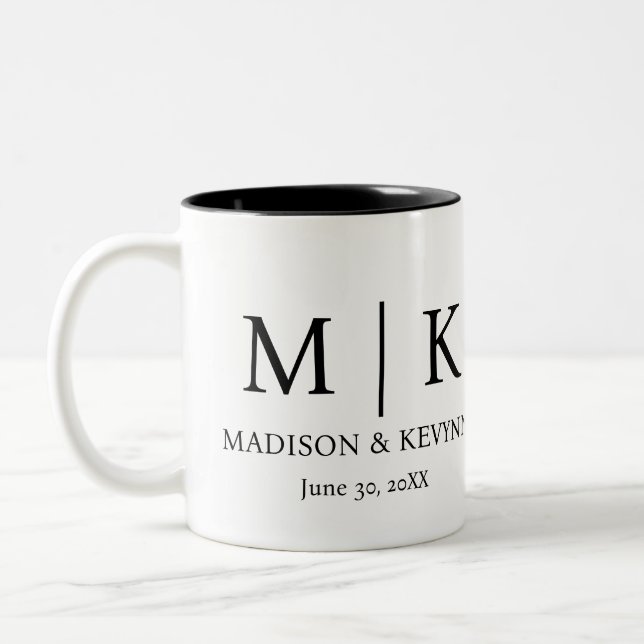 Caneca De Café Em Dois Tons Casamento Mínimo e Elegante de Monograma Branco e  (Esquerda)