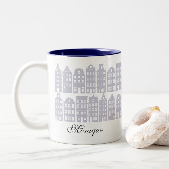 Caneca De Café Em Dois Tons Casas de Linha do Canal de Amsterdã Personalizadas (Com Donut)