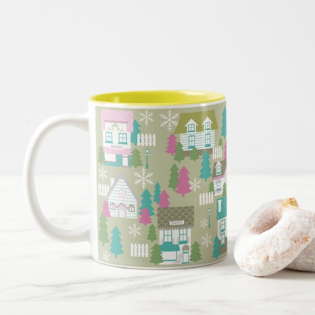 Caneca De Café Em Dois Tons Casas de Natal Verde (Com Donut)
