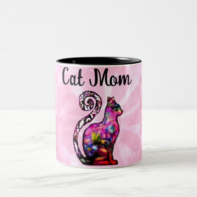 Caneca De Café Em Dois Tons Cat Mãe Abstrato Whimsic Cat Gatinho Art (Centro)