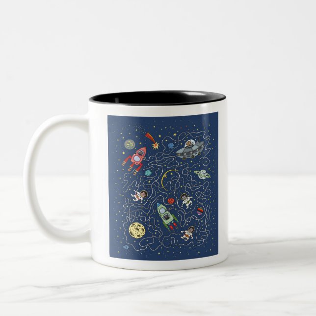 Caneca De Café Em Dois Tons Cat Space Astronaut Rocket Maze Puzzle Mystery (Esquerda)