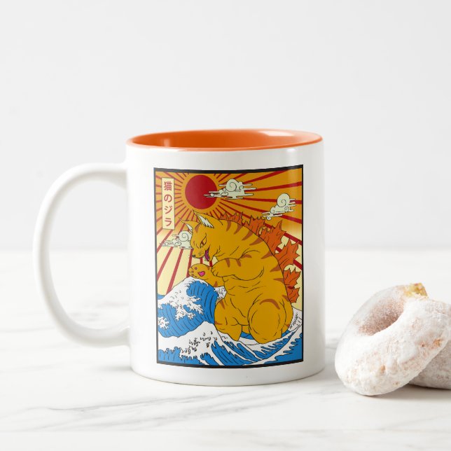 Caneca De Café Em Dois Tons Catzilla Off Kanagawa Funny Japanese Art Cat Graph (Com Donut)