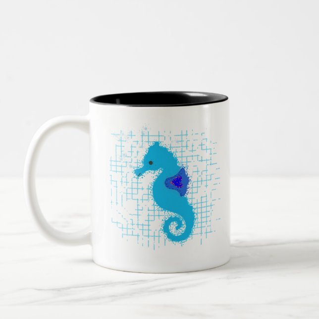 Caneca De Café Em Dois Tons Cavalo-Marinho Azul Em Fundo Distante (Esquerda)