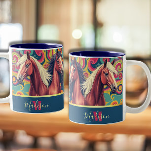 Caneca De Café Em Dois Tons Cavalos castanhos no nome de padrão colorido