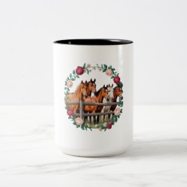 Caneca De Café Em Dois Tons Cavalos Elegantes na Arte da Coroa Floral