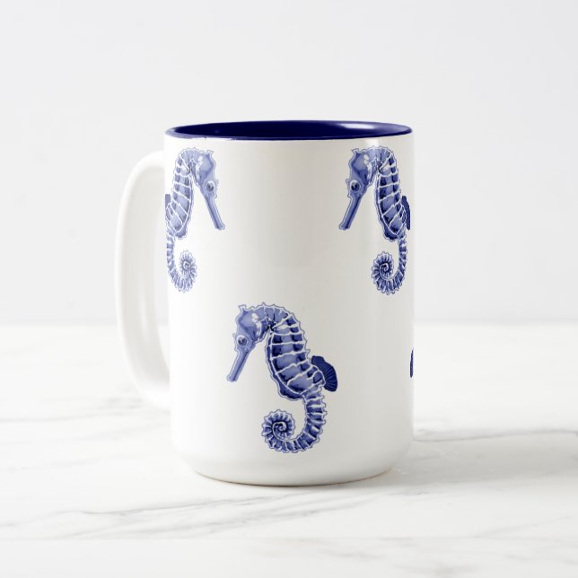 Caneca De Café Em Dois Tons Cavalos-marinhos azuis e brancos (Frente Esquerda)