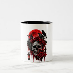 Caneca De Café Em Dois Tons Caveira de Corvo Gótica Escura com Rosas Carmesim