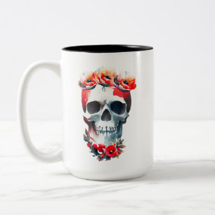 Caneca De Café Em Dois Tons Caveira E Rosas