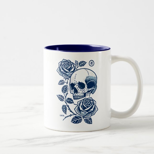 Caneca De Café Em Dois Tons Caveira E Rosas (Direita)