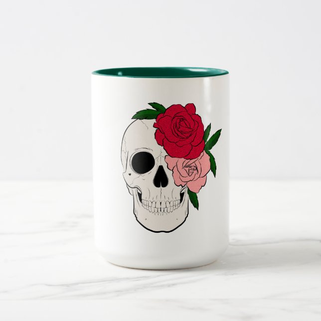 Caneca De Café Em Dois Tons Caveira e Rosas (Centro)