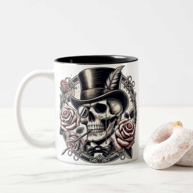 Caneca De Café Em Dois Tons Caveira no Chapéu Superior (Com Donut)