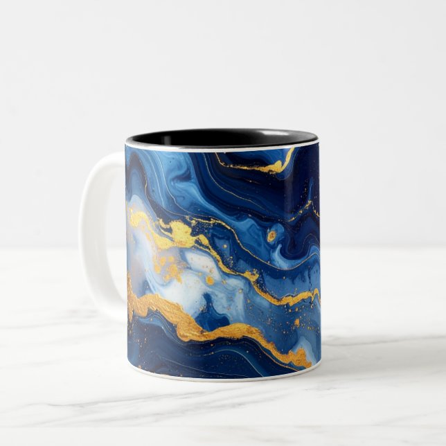 Caneca De Café Em Dois Tons Celestial Blue & Gold Marble Luxury Mug (Frente Esquerda)