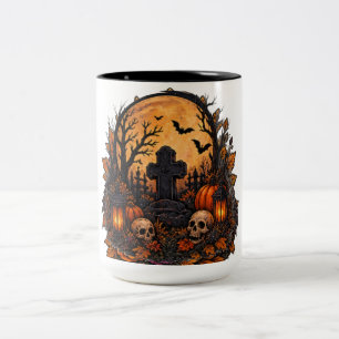 Caneca De Café Em Dois Tons Cemitério Assombrado ao Luar Gótico Halloween