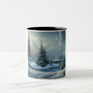 Caneca De Café Em Dois Tons Cena de inverno da árvore de Natal