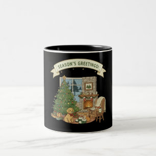 Caneca De Café Em Dois Tons Cena de Lareira de Natal Aconchegante e Vintage co