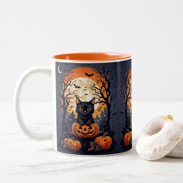 Caneca De Café Em Dois Tons cena do halloween com gatos pretos (Com Donut)