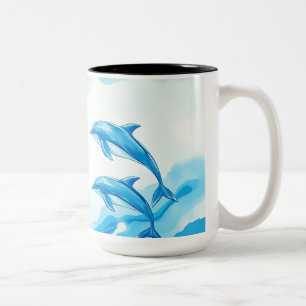 Caneca De Café Em Dois Tons Cena Oceânica com Golfinhos em Aquarela