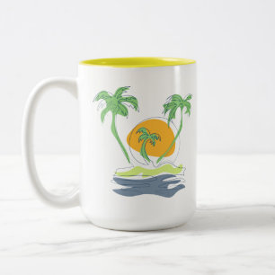 Caneca De Café Em Dois Tons Cenário de praia de ilha tropical. Contorno de pal