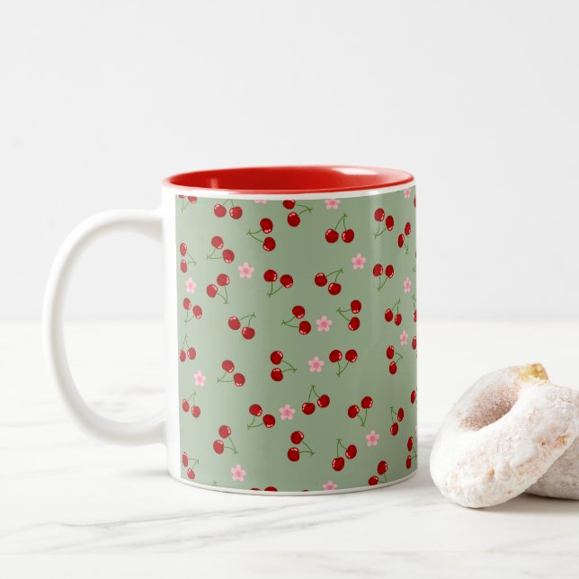 Caneca De Café Em Dois Tons Cerejas E Flores (Com Donut)