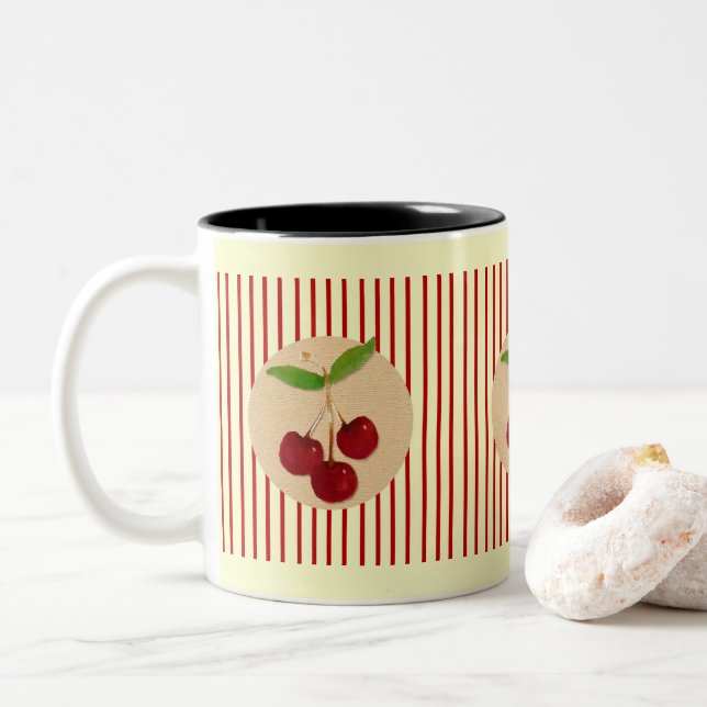 Caneca De Café Em Dois Tons Cerejas e Stripes Mug (Com Donut)