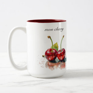 Caneca De Café Em Dois Tons Cerejas Sweetheart em Aquarela, personalizado
